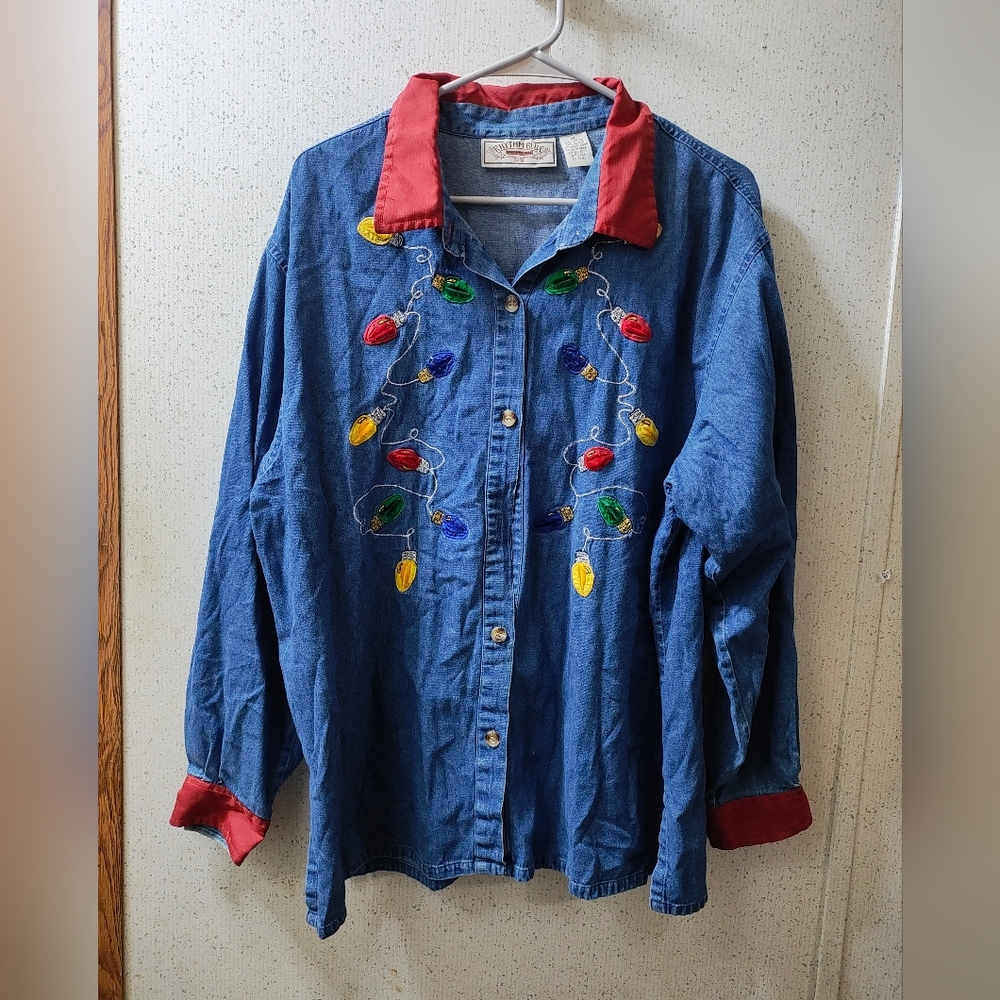 Rhythm Blue Christmas Denim Button-Up Shirt Women's XL Embroidered Clean